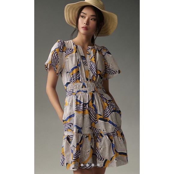 Anthropologie Dresses & Skirts - Anthropologie Somerset Mini Dress Yellow Blue Umbrella Smocked Waist